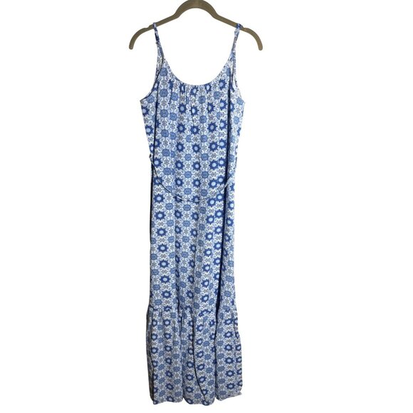 Loft Women's Size Small Blue and White Strappy Flounce Linen Blend Maxi Dress - Picture 1 of 7